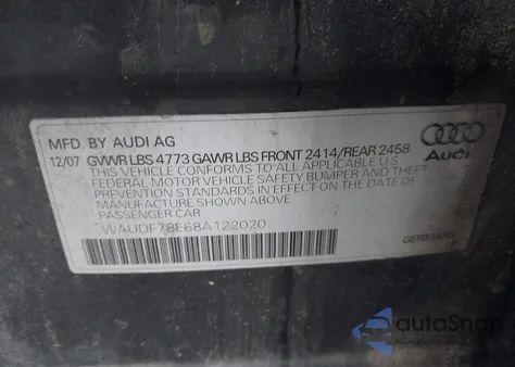 2008 Audi A4 2.0T from USA, damaged, VIN WAUDF78E68A122020